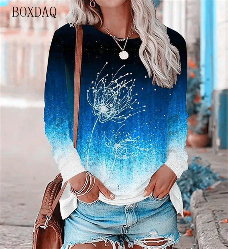 Dandelion Pattern L - 3XL Women T-Shirts Spring Autumn Long Sleeve 3D Plant&Flowers Print Street Gradient Ladies Tees 6XL Plus Size - UT KICK ASStshirt14:691#WSMT2312;5:100014064