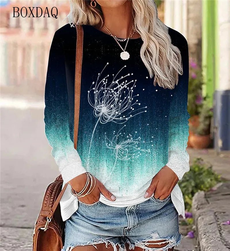 Dandelion Pattern L - 3XL Women T-Shirts Spring Autumn Long Sleeve 3D Plant&Flowers Print Street Gradient Ladies Tees 6XL Plus Size - UT KICK ASStshirt14:193#WSMT2307;5:4183