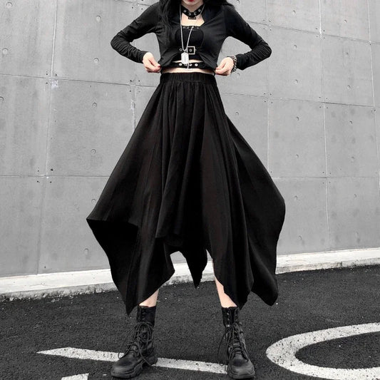 Dark Black Irregular High Waist Skirt Goth Punk Gothic Black Harajuku Long Vintage Skirt korean fashion clothing - UT KICK ASS14:193#9539;5:200003528#One Size