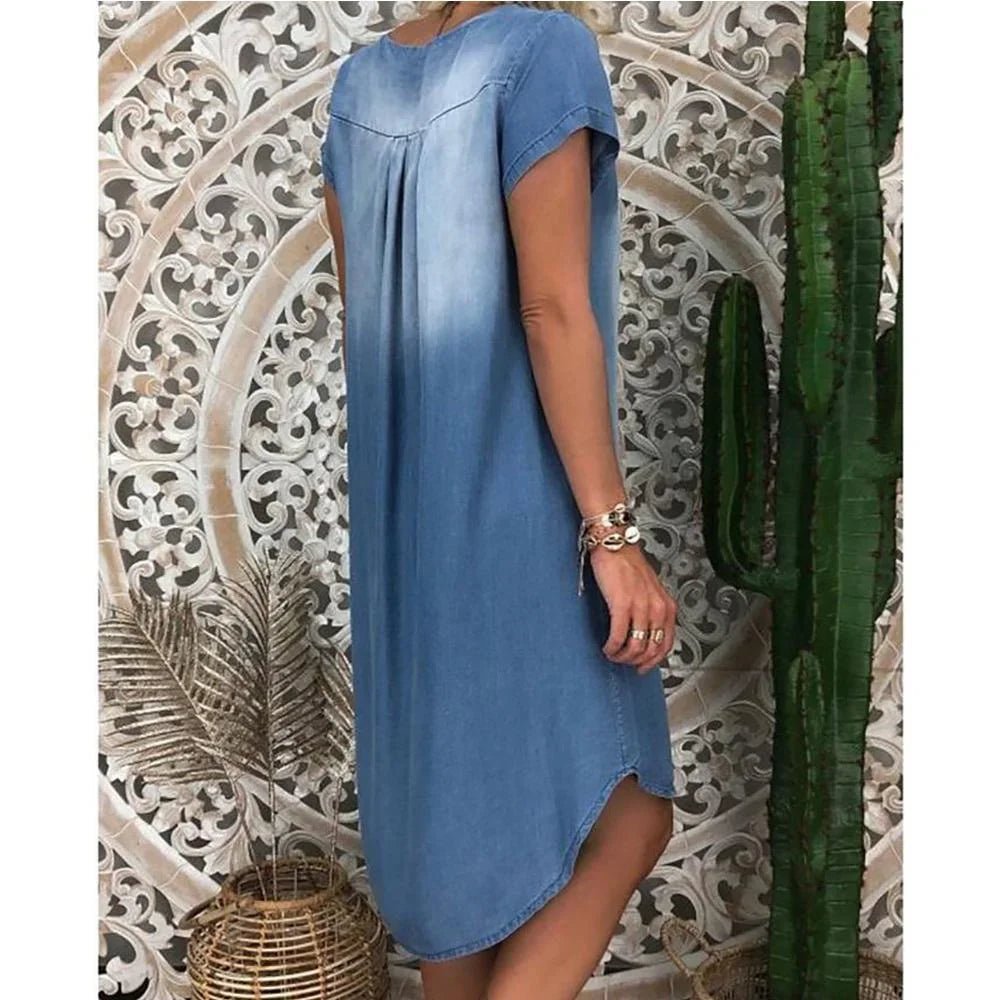 Denim Dress 1X - 5XL Swing Summer Dress Plus Size 1XL - 5XL Women's New Fashion Casual Solid V Neck Long Party Loose Short Sleeve - UT KICK ASSdress14:173;5:200000991