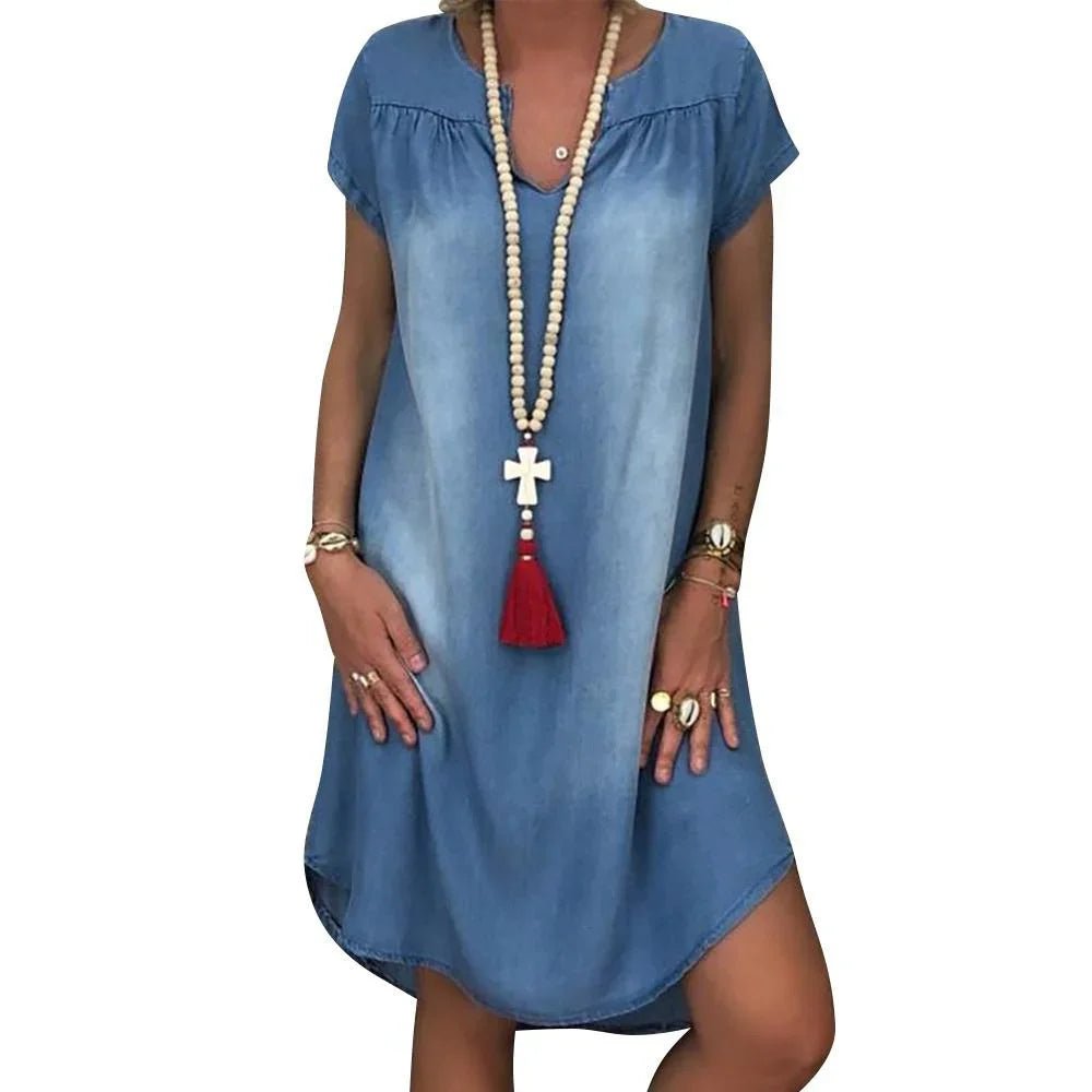 Denim Dress 1X - 5XL Swing Summer Dress Plus Size 1XL - 5XL Women's New Fashion Casual Solid V Neck Long Party Loose Short Sleeve - UT KICK ASSdress14:173;5:200000991