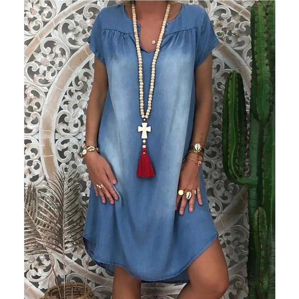 Denim Dress 1X - 5XL Swing Summer Dress Plus Size 1XL - 5XL Women's New Fashion Casual Solid V Neck Long Party Loose Short Sleeve - UT KICK ASSdress14:173;5:200000991