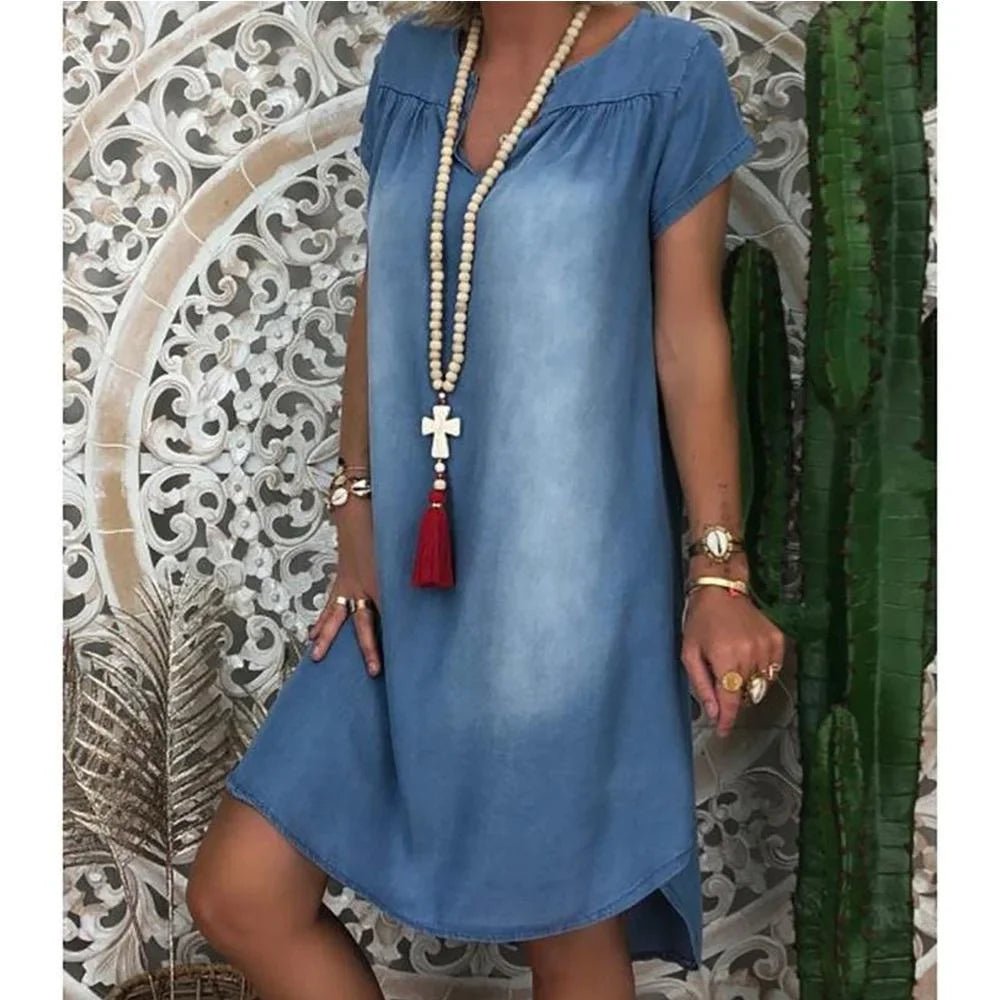 Denim Dress 1X - 5XL Swing Summer Dress Plus Size 1XL - 5XL Women's New Fashion Casual Solid V Neck Long Party Loose Short Sleeve - UT KICK ASSdress14:173;5:200000991