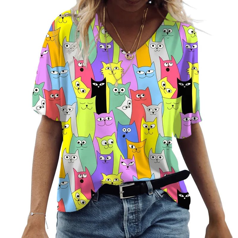 Fashion Women's M - 3XL Cat Printed Short Sleeve Female Harajuku Tees Ladies T Shirt Oversized V - neck Tops Animal Women Clothing - UT KICK ASStop14:175#K01 - SM01164;5:100014065