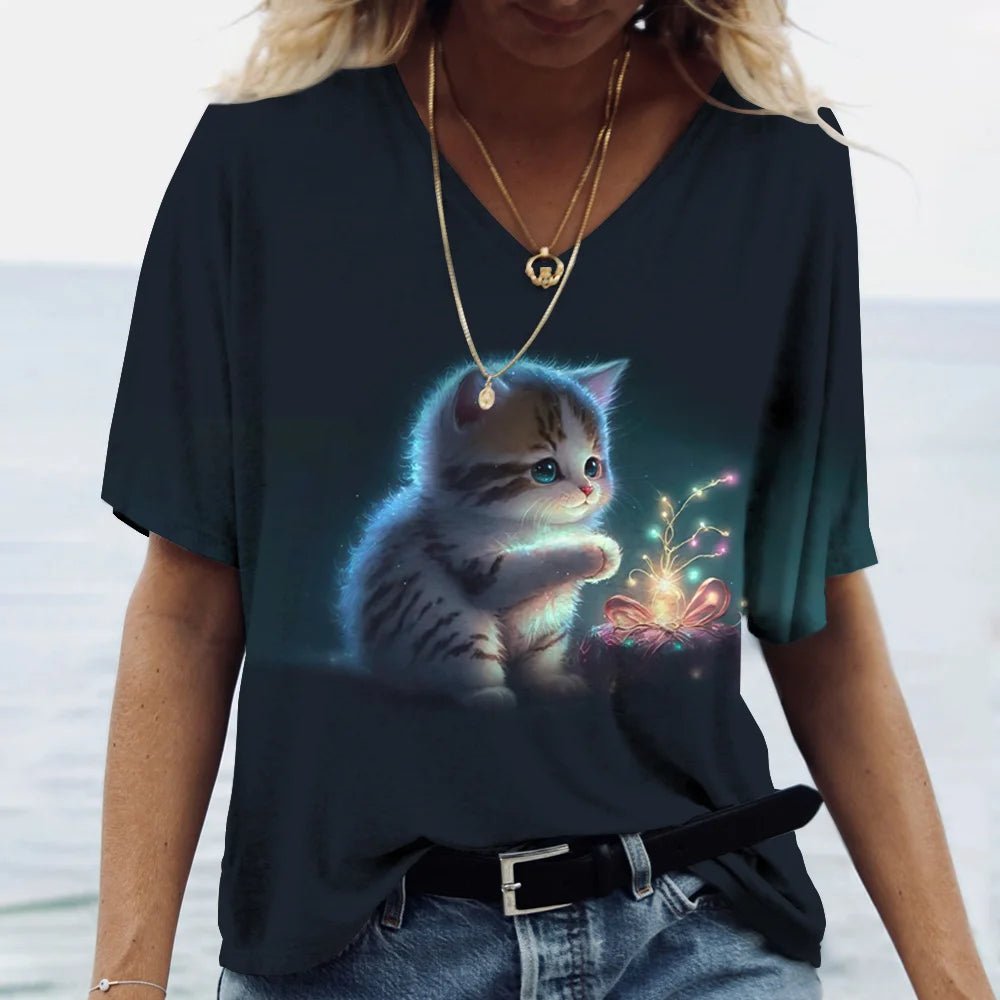 Fashion Women's M - 3XL Cat Printed Short Sleeve Female Harajuku Tees Ladies T Shirt Oversized V - neck Tops Animal Women Clothing - UT KICK ASStop14:175#K01 - SM01164;5:100014065