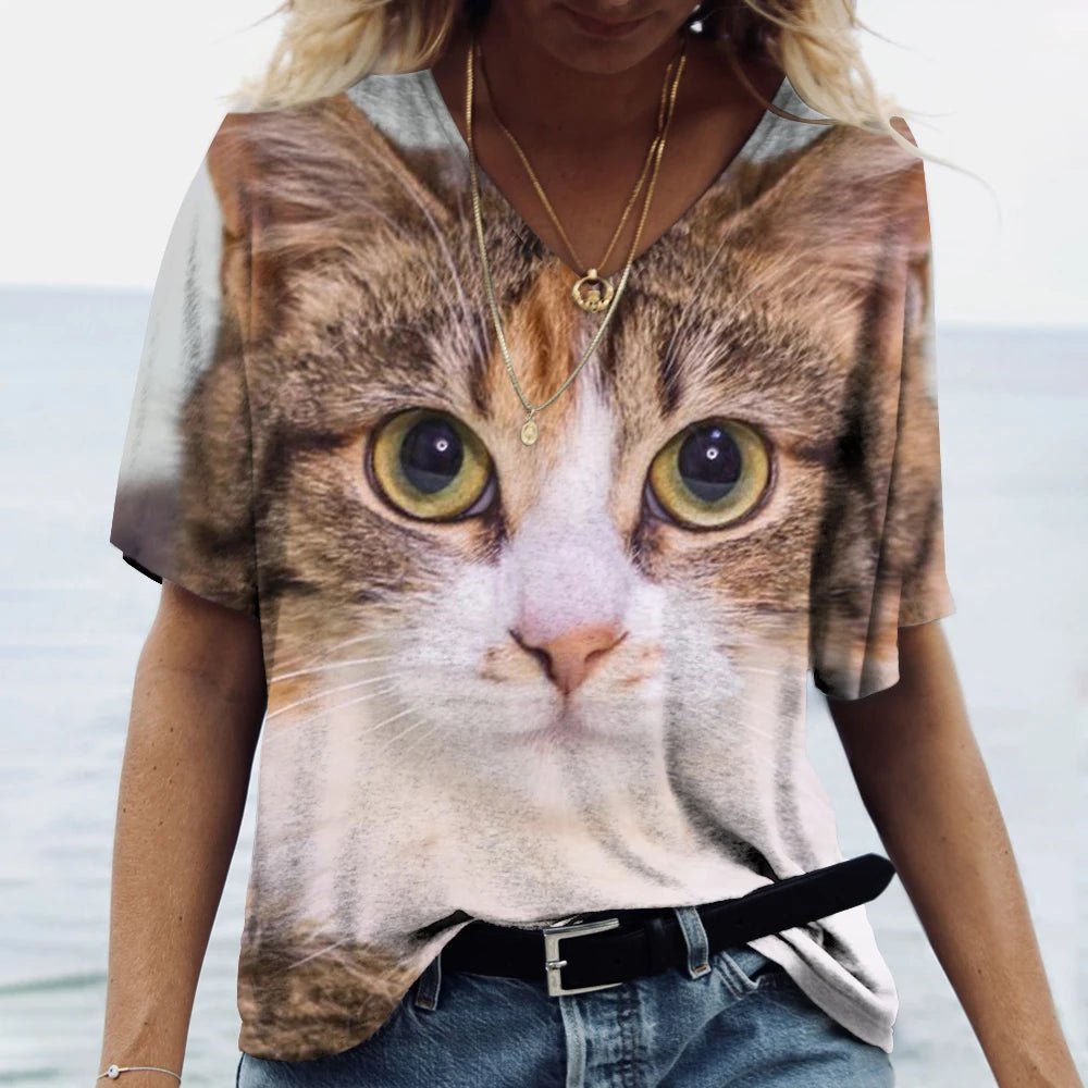 Fashion Women's M - 3XL Cat Printed Short Sleeve Female Harajuku Tees Ladies T Shirt Oversized V - neck Tops Animal Women Clothing - UT KICK ASStop14:203008817#k01 - zx00929;5:100014064