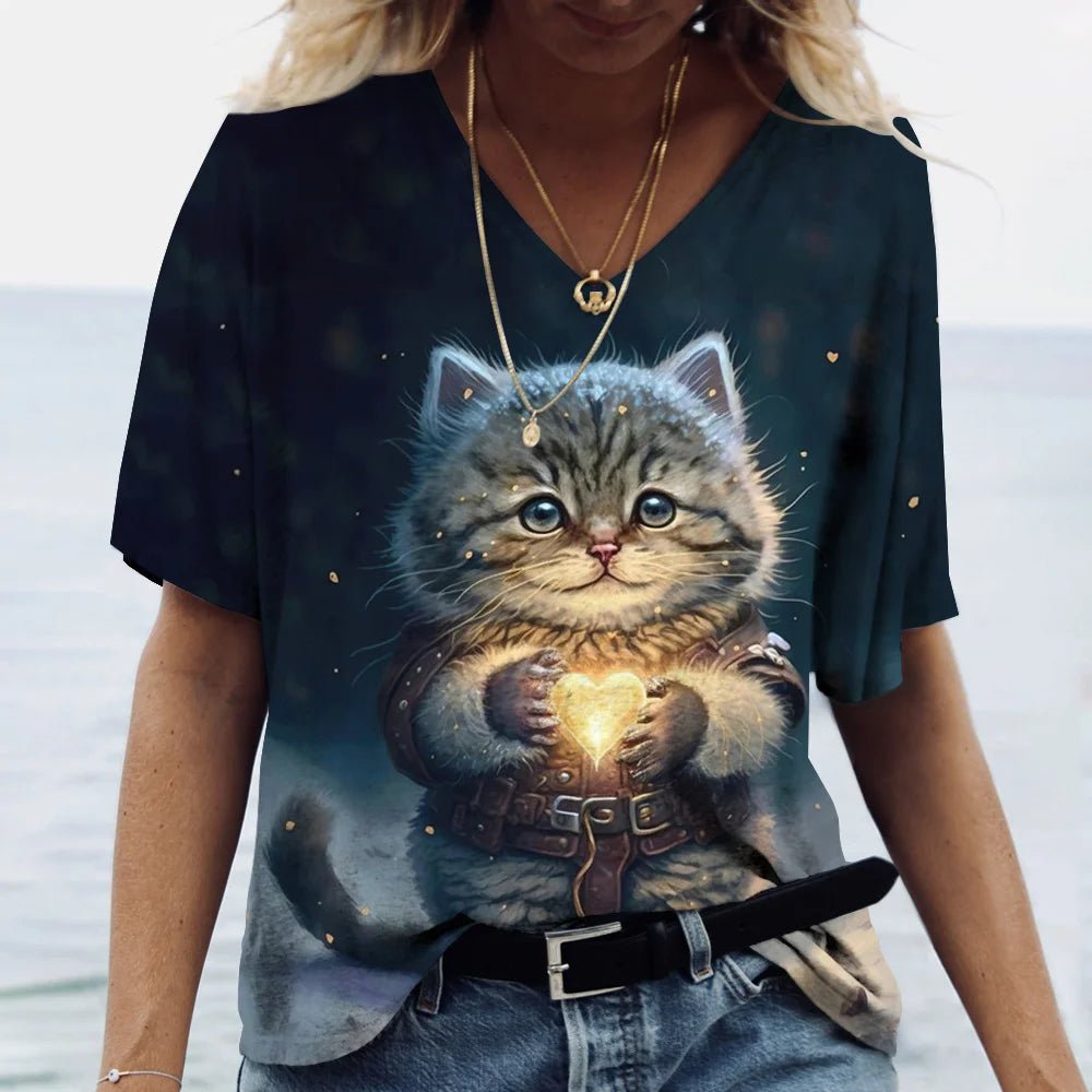 Fashion Women's M - 3XL Cat Printed Short Sleeve Female Harajuku Tees Ladies T Shirt Oversized V - neck Tops Animal Women Clothing - UT KICK ASStop14:175#K01 - SM01164;5:100014065