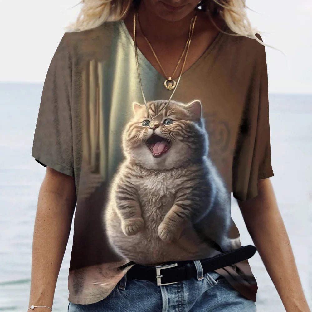 Fashion Women's M - 3XL Cat Printed Short Sleeve Female Harajuku Tees Ladies T Shirt Oversized V - neck Tops Animal Women Clothing - UT KICK ASStop14:175#K01 - SM01164;5:100014065