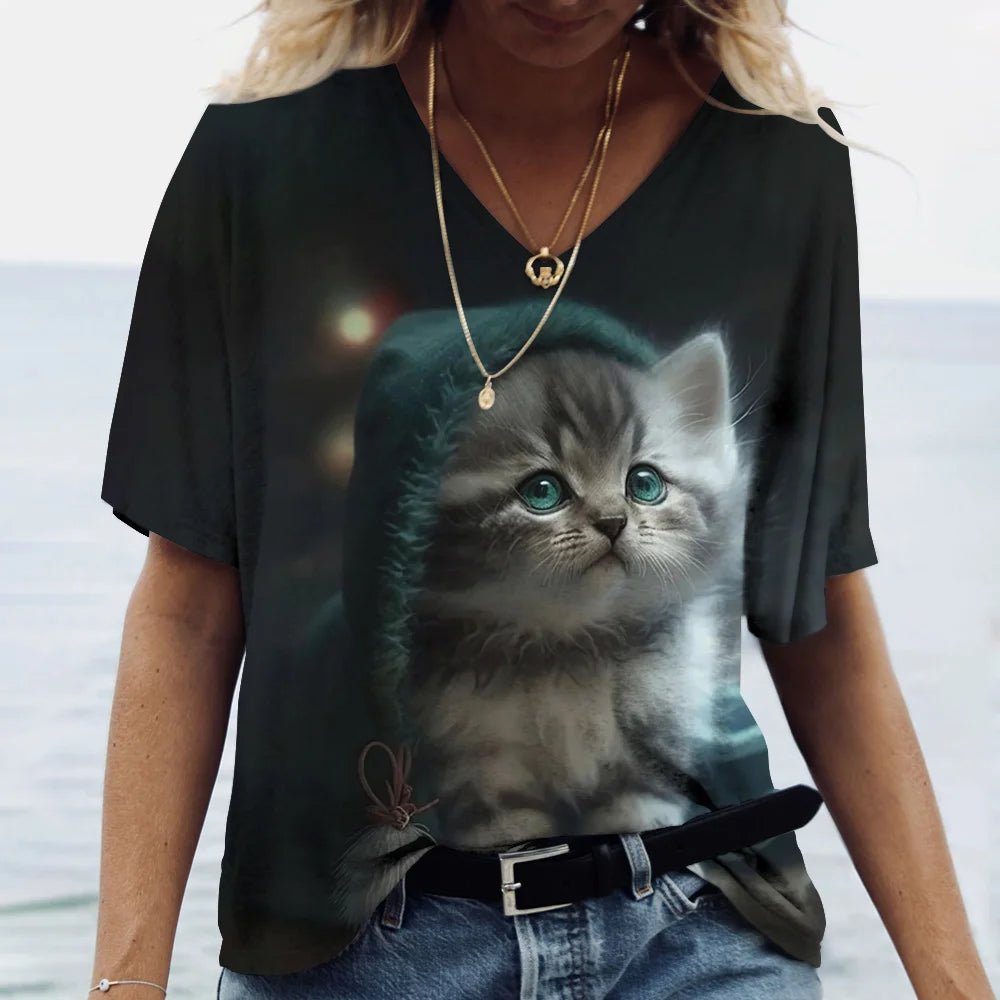 Fashion Women's M - 3XL Cat Printed Short Sleeve Female Harajuku Tees Ladies T Shirt Oversized V - neck Tops Animal Women Clothing - UT KICK ASStop14:691#K01 - SM01162;5:100014065