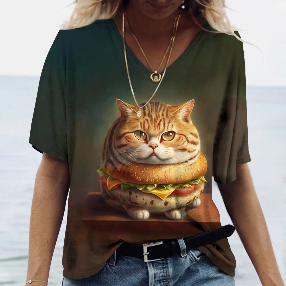 Fashion Women's M - 3XL Cat Printed Short Sleeve Female Harajuku Tees Ladies T Shirt Oversized V - neck Tops Animal Women Clothing - UT KICK ASStop14:175#K01 - SM01164;5:100014065