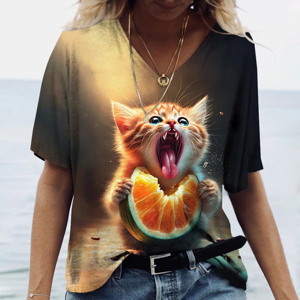 Fashion Women's M - 3XL Cat Printed Short Sleeve Female Harajuku Tees Ladies T Shirt Oversized V - neck Tops Animal Women Clothing - UT KICK ASStop14:200001438#K01 - SM01167;5:200000990