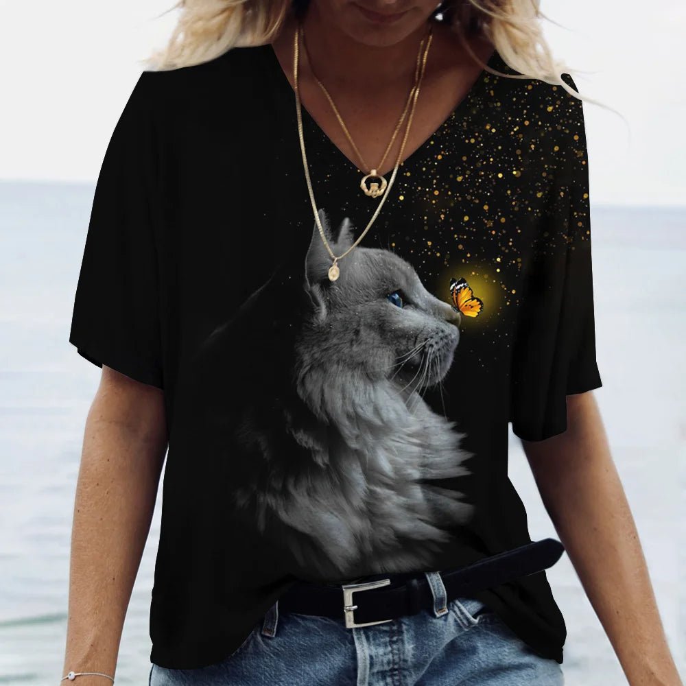 Fashion Women's M - 3XL Cat Printed Short Sleeve Female Harajuku Tees Ladies T Shirt Oversized V - neck Tops Animal Women Clothing - UT KICK ASStop14:350853#K01 - SM01173;5:100014064