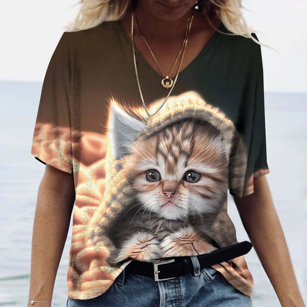 Fashion Women's M - 3XL Cat Printed Short Sleeve Female Harajuku Tees Ladies T Shirt Oversized V - neck Tops Animal Women Clothing - UT KICK ASStop14:200002984#K01 - SM10381;5:200000991