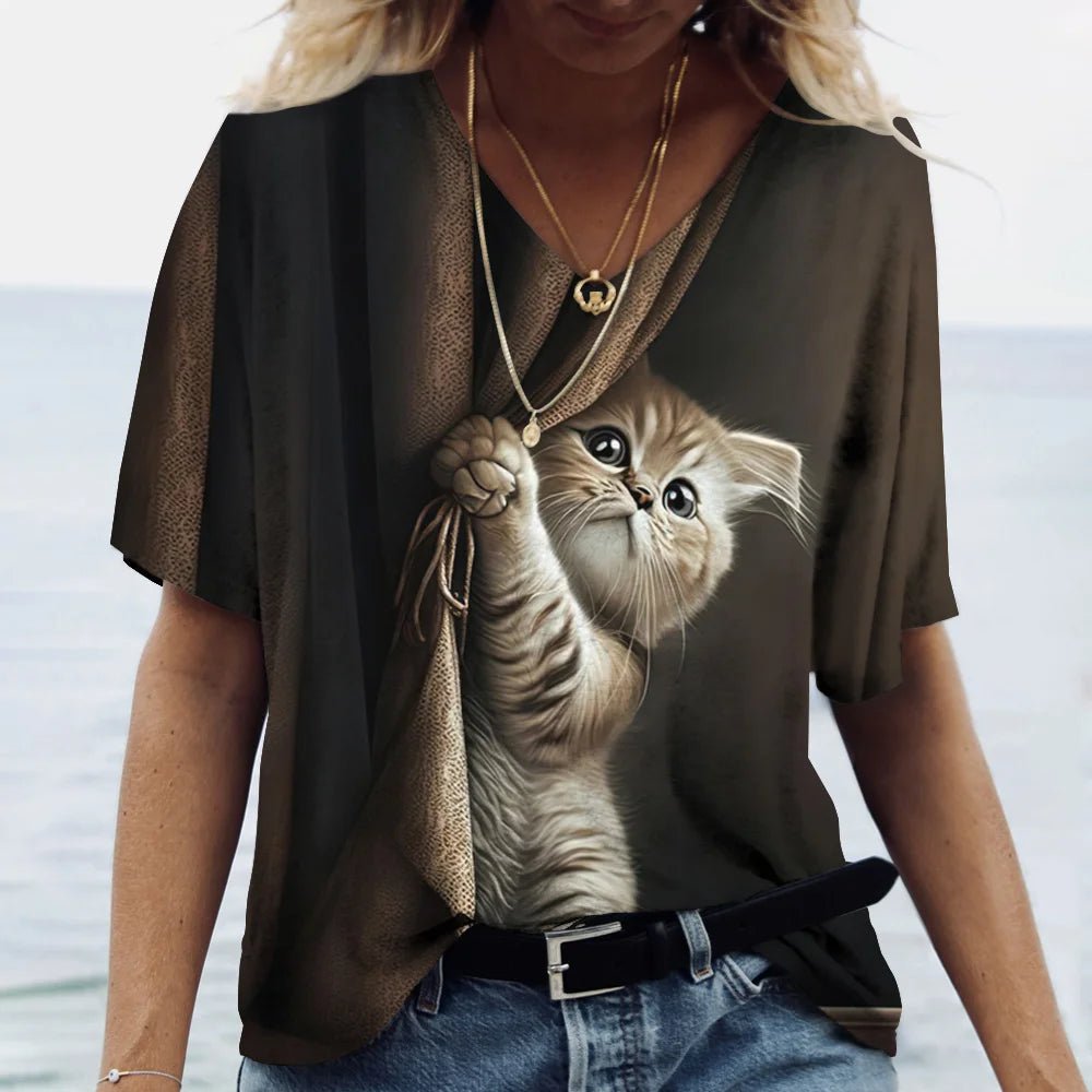 Fashion Women's M - 3XL Cat Printed Short Sleeve Female Harajuku Tees Ladies T Shirt Oversized V - neck Tops Animal Women Clothing - UT KICK ASStop14:200003699#K01 - SM01176;5:100014064