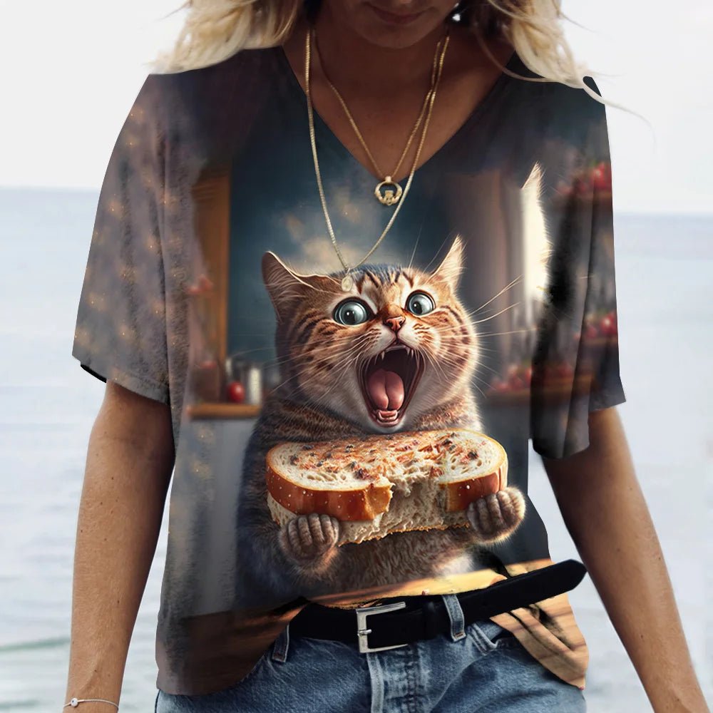 Fashion Women's M - 3XL Cat Printed Short Sleeve Female Harajuku Tees Ladies T Shirt Oversized V - neck Tops Animal Women Clothing - UT KICK ASStop14:175#K01 - SM01164;5:100014065