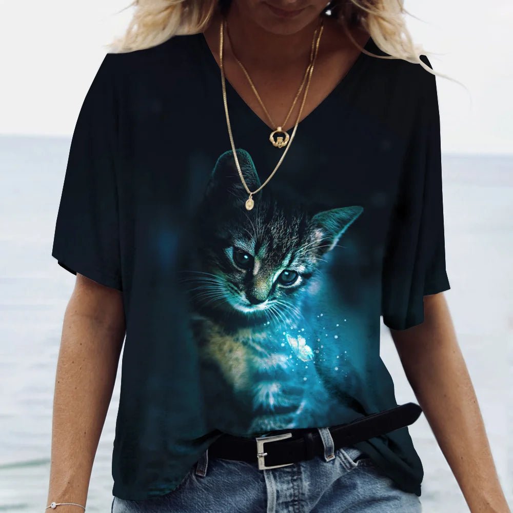 Fashion Women's M - 3XL Cat Printed Short Sleeve Female Harajuku Tees Ladies T Shirt Oversized V - neck Tops Animal Women Clothing - UT KICK ASStop14:350850#K01 - SM01160;5:100014065