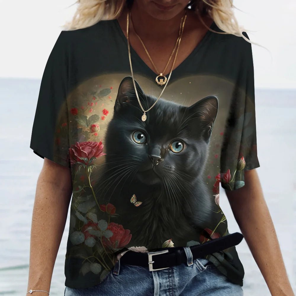 Fashion Women's M - 3XL Cat Printed Short Sleeve Female Harajuku Tees Ladies T Shirt Oversized V - neck Tops Animal Women Clothing - UT KICK ASStop14:175#K01 - SM01164;5:100014065