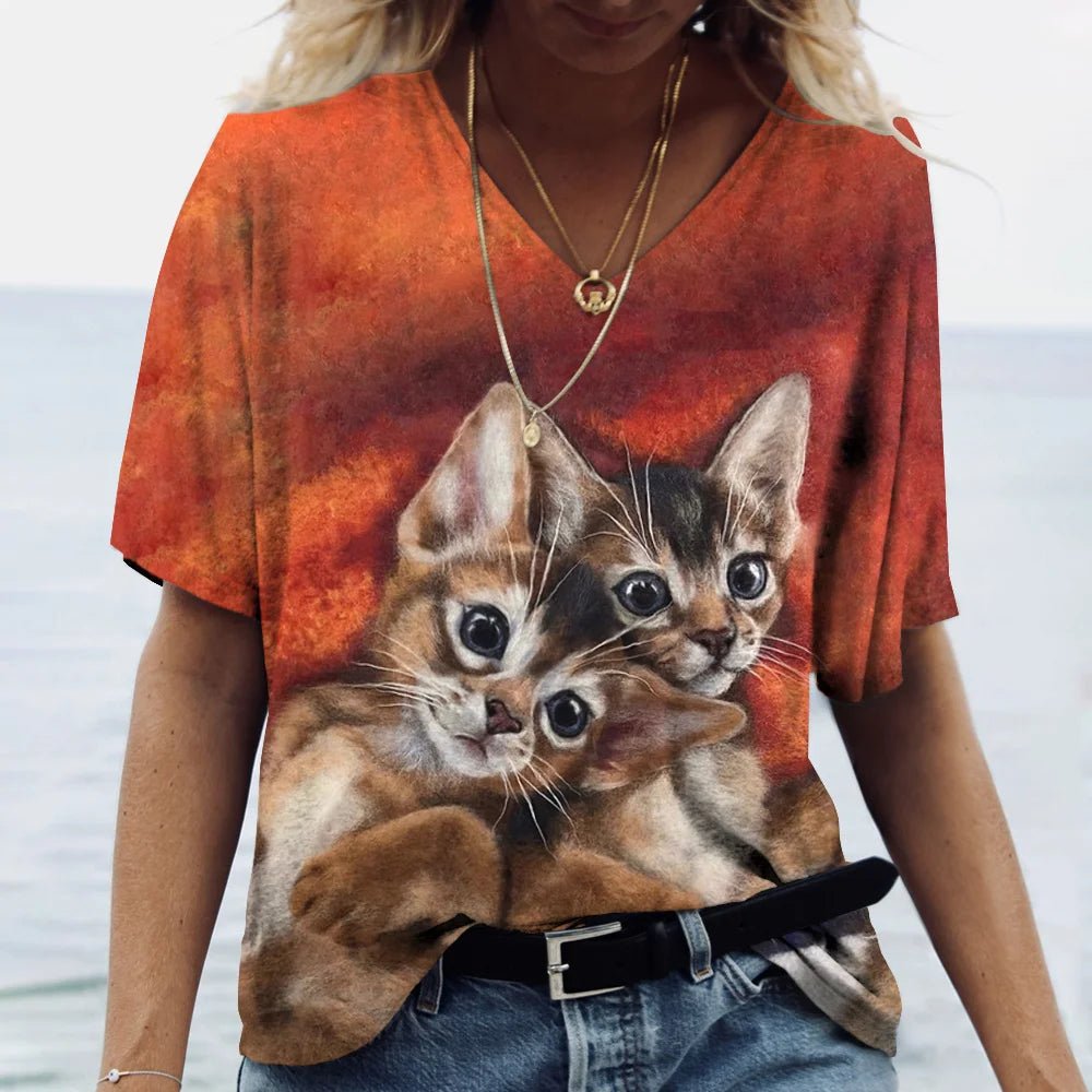 Fashion Women's M - 3XL Cat Printed Short Sleeve Female Harajuku Tees Ladies T Shirt Oversized V - neck Tops Animal Women Clothing - UT KICK ASStop14:200006252#wvldxh210 - 0148;5:100014064