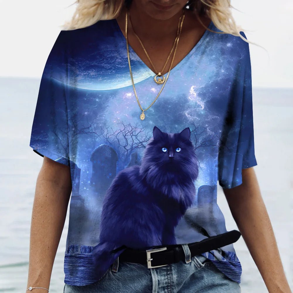 Fashion Women's M - 3XL Cat Printed Short Sleeve Female Harajuku Tees Ladies T Shirt Oversized V - neck Tops Animal Women Clothing - UT KICK ASStop14:175#K01 - SM01164;5:100014065