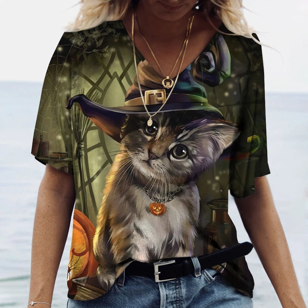 Fashion Women's M - 3XL Cat Printed Short Sleeve Female Harajuku Tees Ladies T Shirt Oversized V - neck Tops Animal Women Clothing - UT KICK ASStop14:175#K01 - SM01164;5:100014065