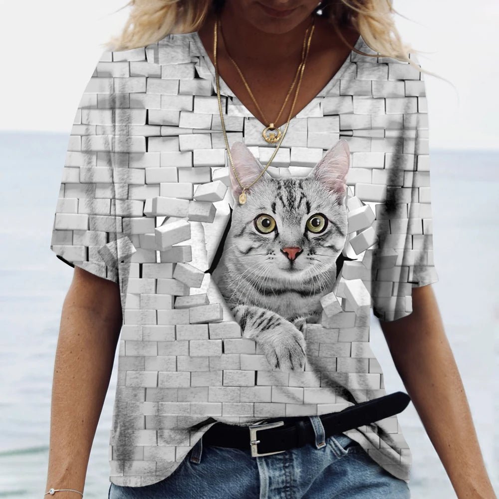 Fashion Women's M - 3XL Cat Printed Short Sleeve Female Harajuku Tees Ladies T Shirt Oversized V - neck Tops Animal Women Clothing - UT KICK ASStop14:175#K01 - SM01164;5:100014065