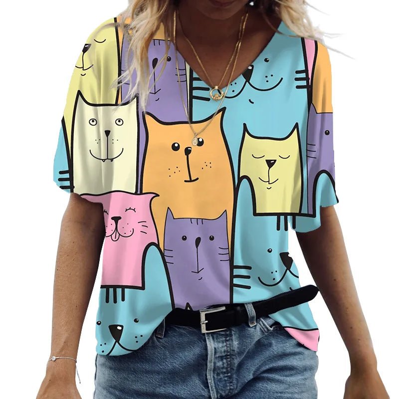 Fashion Women's M - 3XL Cat Printed Short Sleeve Female Harajuku Tees Ladies T Shirt Oversized V - neck Tops Animal Women Clothing - UT KICK ASStop14:175#K01 - SM01164;5:100014065