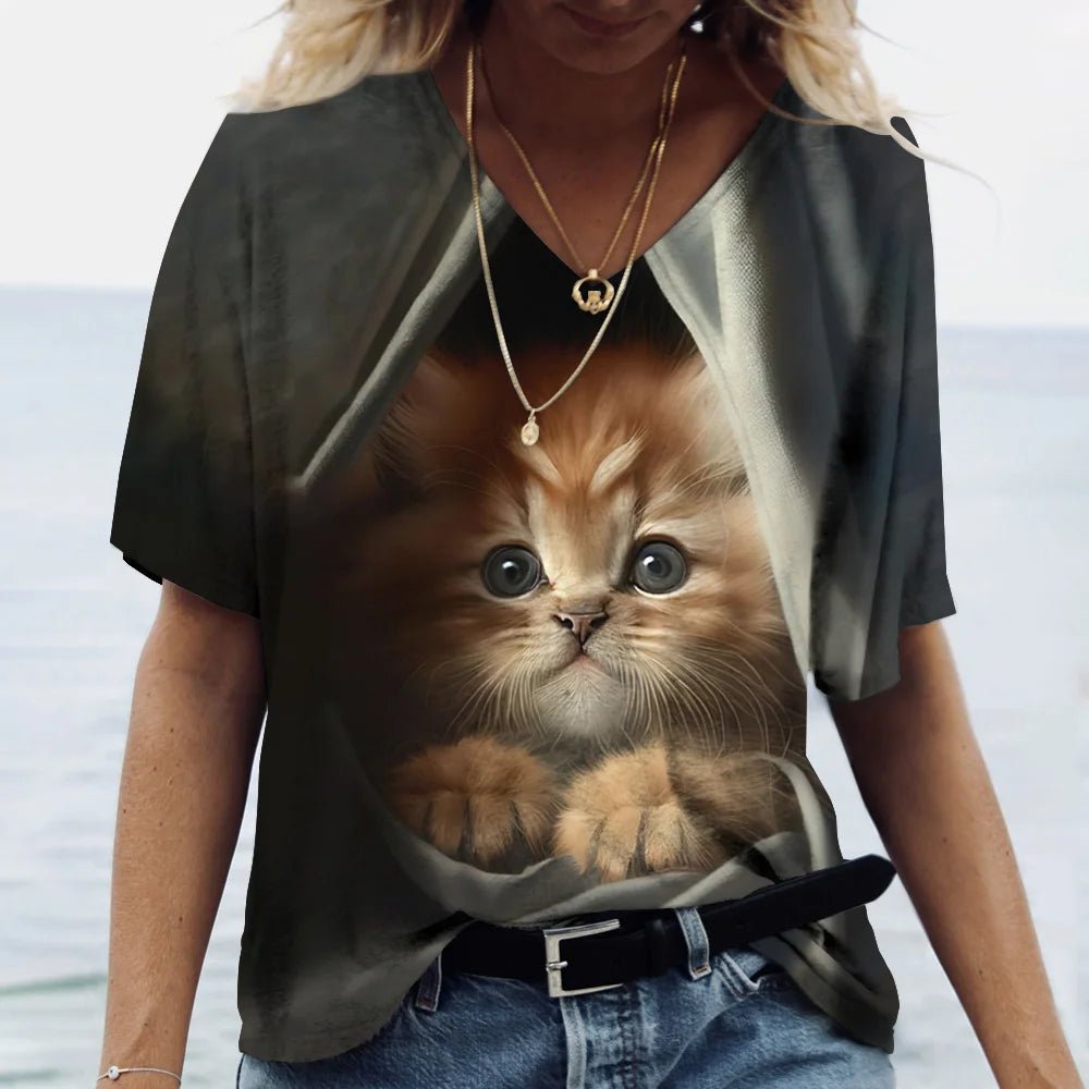 Fashion Women's M - 3XL Cat Printed Short Sleeve Female Harajuku Tees Ladies T Shirt Oversized V - neck Tops Animal Women Clothing - UT KICK ASStop14:366#K01 - SM01175;5:100014064