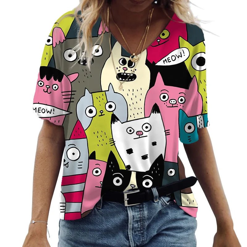 Fashion Women's M - 3XL Cat Printed Short Sleeve Female Harajuku Tees Ladies T Shirt Oversized V - neck Tops Animal Women Clothing - UT KICK ASStop14:175#K01 - SM01164;5:100014065