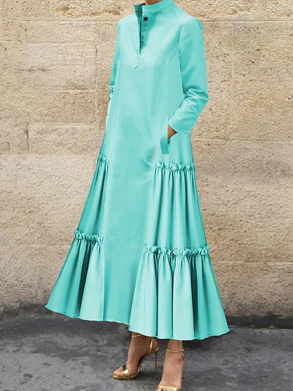 Freeacy 2024 Autumn Women's Long Sleeve Dress Solid Color Stand Collar Pleated Long Dress Loose Fit Pockets Party Dresses - UT KICK ASSdress14:350852;5:4182