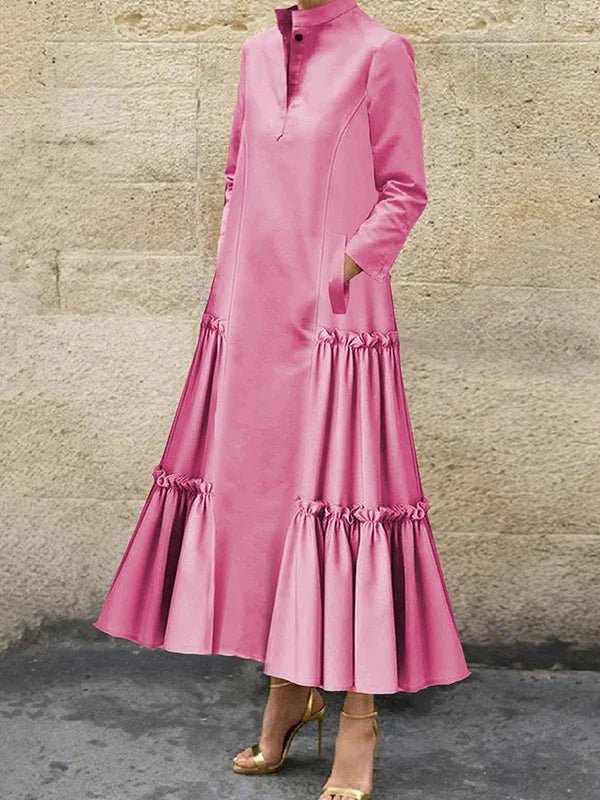 Freeacy 2024 Autumn Women's Long Sleeve Dress Solid Color Stand Collar Pleated Long Dress Loose Fit Pockets Party Dresses - UT KICK ASSdress14:1052;5:361386