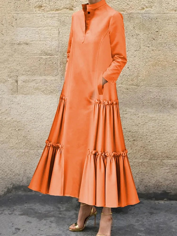 Freeacy 2024 Autumn Women's Long Sleeve Dress Solid Color Stand Collar Pleated Long Dress Loose Fit Pockets Party Dresses Freeacy 2024 Autumn Women's Long Sleeve Dress Solid Color Stand Collar Pleated Long Dress Loose Fit Pockets Party Dresses