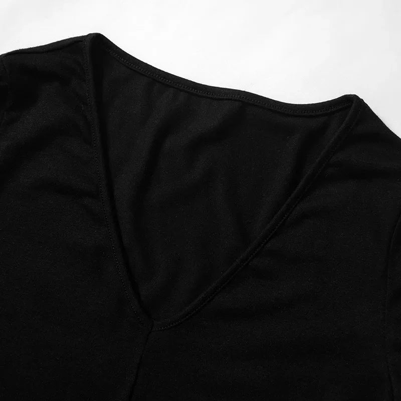 Goth Dark Fairy Grunge Flare Sleeve V - neck T-shirts Gothic Split Sexy Lettuce Hem Female Blouses Y2k Black Slim Fashion Alt Tops - UT KICK ASStshirt14:193#Black;5:100014064