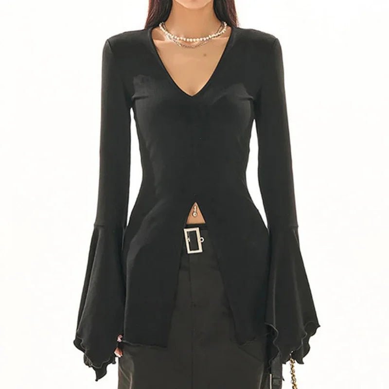 Goth Dark Fairy Grunge Flare Sleeve V - neck T-shirts Gothic Split Sexy Lettuce Hem Female Blouses Y2k Black Slim Fashion Alt Tops - UT KICK ASStshirt14:193#Black;5:100014064
