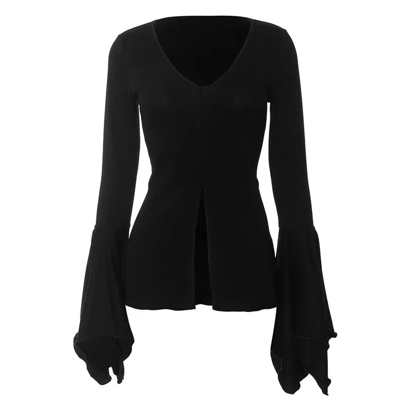 Goth Dark Fairy Grunge Flare Sleeve V - neck T-shirts Gothic Split Sexy Lettuce Hem Female Blouses Y2k Black Slim Fashion Alt Tops - UT KICK ASStshirt14:193#Black;5:100014064