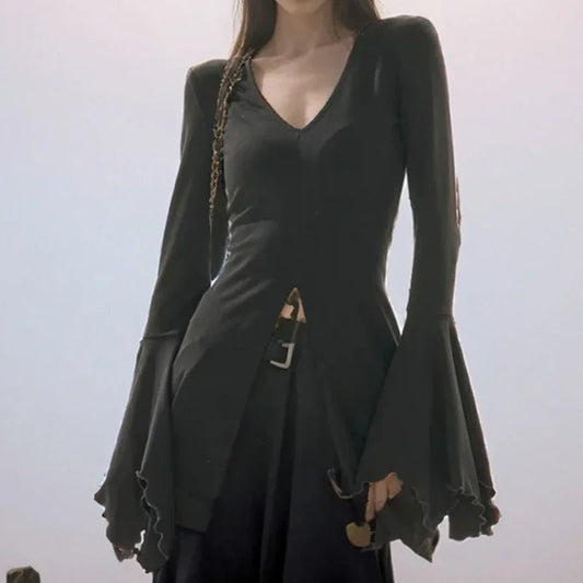 Goth Dark Fairy Grunge Flare Sleeve V - neck T-shirts Gothic Split Sexy Lettuce Hem Female Blouses Y2k Black Slim Fashion Alt Tops - UT KICK ASStshirt14:193#Black;5:100014064