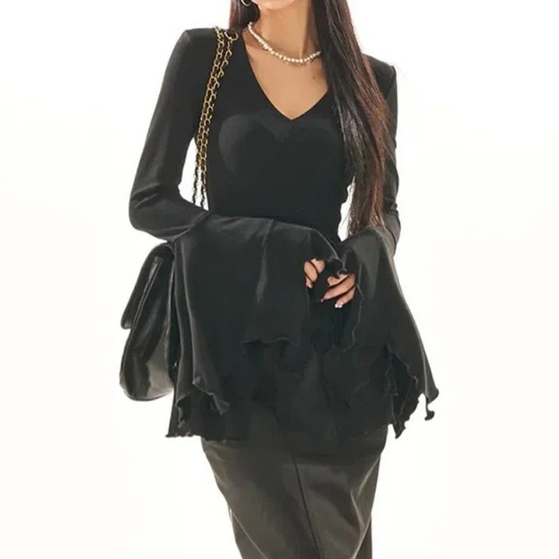Goth Dark Fairy Grunge Flare Sleeve V - neck T-shirts Gothic Split Sexy Lettuce Hem Female Blouses Y2k Black Slim Fashion Alt Tops - UT KICK ASStshirt14:193#Black;5:100014064