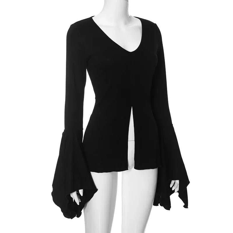 Goth Dark Fairy Grunge Flare Sleeve V - neck T-shirts Gothic Split Sexy Lettuce Hem Female Blouses Y2k Black Slim Fashion Alt Tops - UT KICK ASStshirt14:193#Black;5:100014064