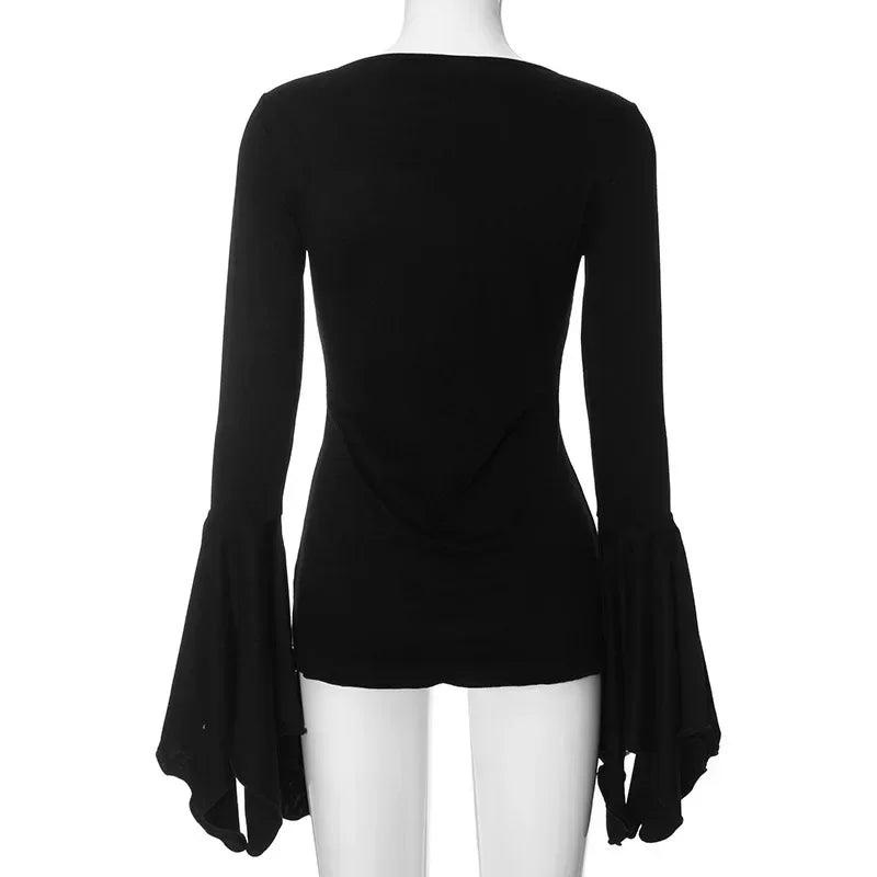 Goth Dark Fairy Grunge Flare Sleeve V - neck T-shirts Gothic Split Sexy Lettuce Hem Female Blouses Y2k Black Slim Fashion Alt Tops - UT KICK ASStshirt14:193#Black;5:100014064