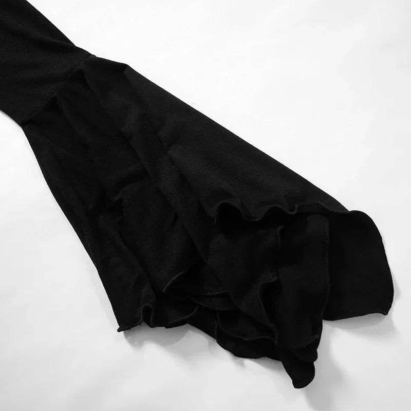 Goth Dark Fairy Grunge Flare Sleeve V - neck T-shirts Gothic Split Sexy Lettuce Hem Female Blouses Y2k Black Slim Fashion Alt Tops - UT KICK ASStshirt14:193#Black;5:100014064
