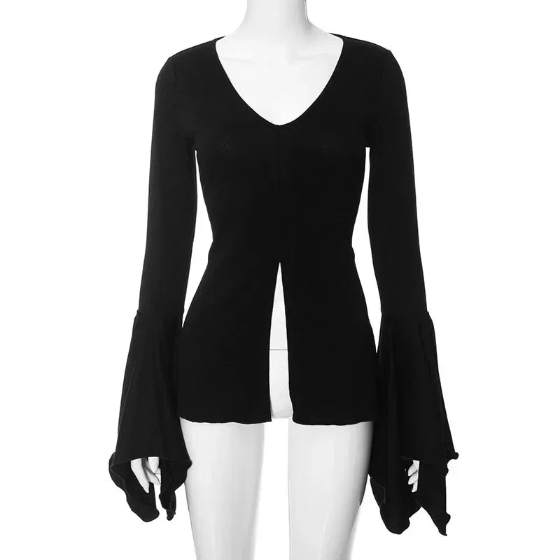 Goth Dark Fairy Grunge Flare Sleeve V - neck T-shirts Gothic Split Sexy Lettuce Hem Female Blouses Y2k Black Slim Fashion Alt Tops - UT KICK ASStshirt14:193#Black;5:100014064