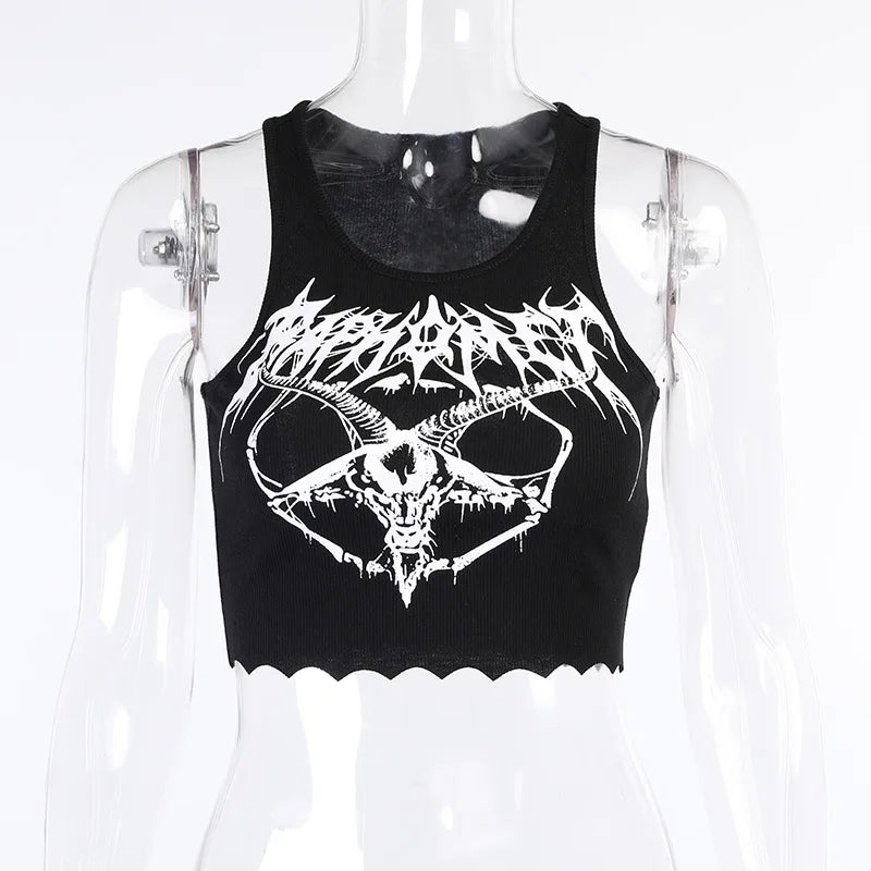Gothic Knitted Punk Black Tank Tops Mall Goth Grunge Goat Print Harajuku Women Crop Tops Skinny Sleeveless Streetwear - UT KICK ASStop14:193;5:361386