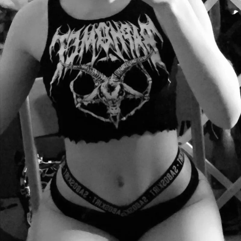 Gothic Knitted Punk Black Tank Tops Mall Goth Grunge Goat Print Harajuku Women Crop Tops Skinny Sleeveless Streetwear - UT KICK ASStop14:193;5:361386