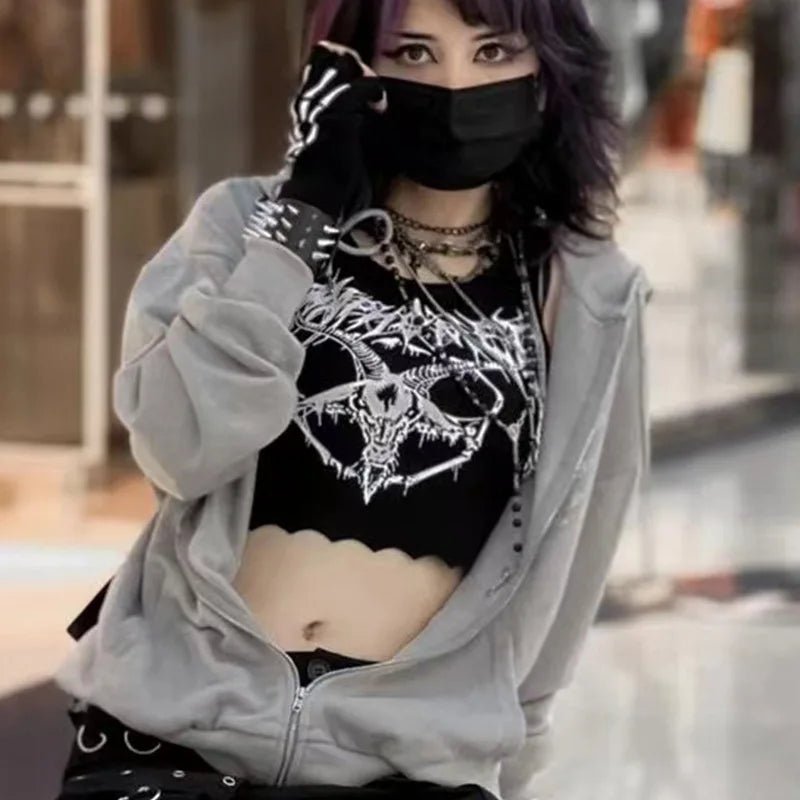 Gothic Knitted Punk Black Tank Tops Mall Goth Grunge Goat Print Harajuku Women Crop Tops Skinny Sleeveless Streetwear - UT KICK ASStop14:193;5:361386