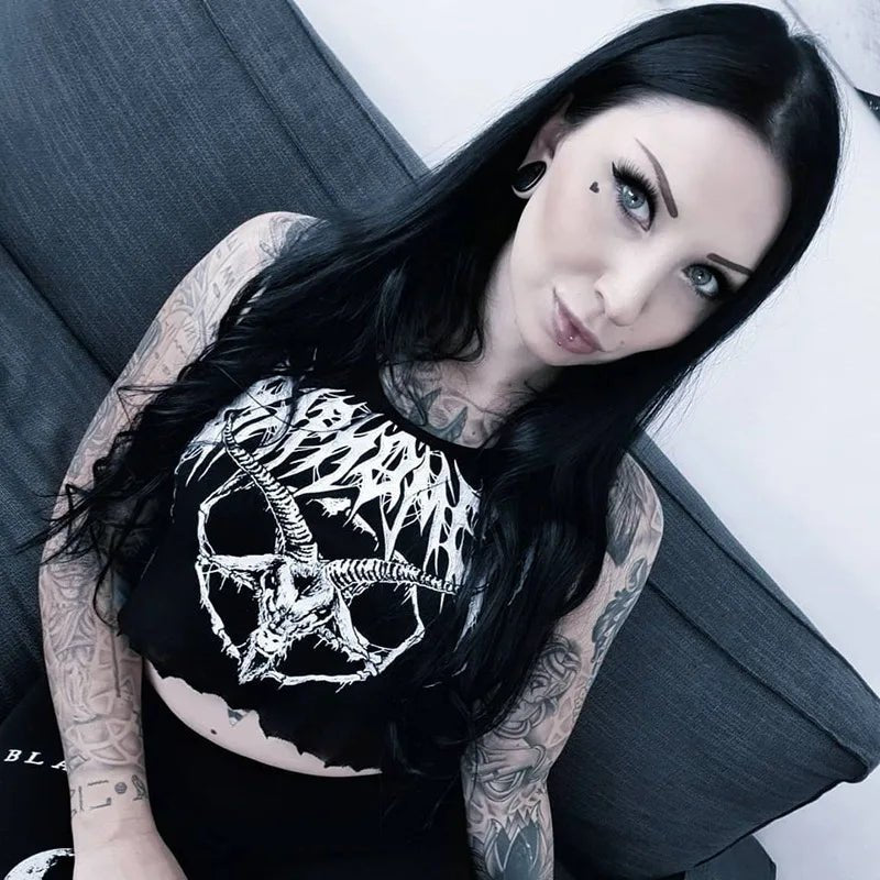 Gothic Knitted Punk Black Tank Tops Mall Goth Grunge Goat Print Harajuku Women Crop Tops Skinny Sleeveless Streetwear - UT KICK ASStop14:193;5:361386