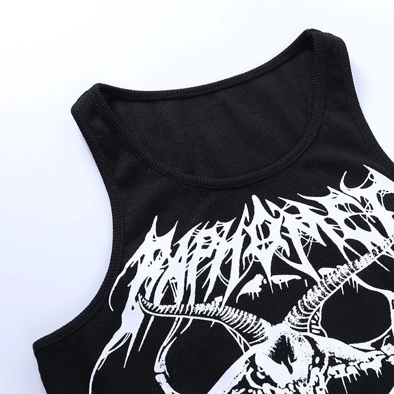Gothic Knitted Punk Black Tank Tops Mall Goth Grunge Goat Print Harajuku Women Crop Tops Skinny Sleeveless Streetwear - UT KICK ASStop14:193;5:361386
