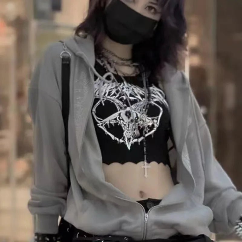 Gothic Knitted Punk Black Tank Tops Mall Goth Grunge Goat Print Harajuku Women Crop Tops Skinny Sleeveless Streetwear - UT KICK ASStop14:193;5:361386