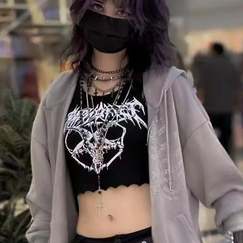 Gothic Knitted Punk Black Tank Tops Mall Goth Grunge Goat Print Harajuku Women Crop Tops Skinny Sleeveless Streetwear - UT KICK ASStop14:193;5:361386