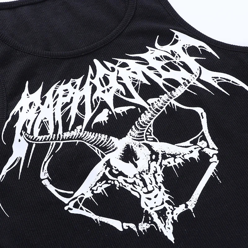 Gothic Knitted Punk Black Tank Tops Mall Goth Grunge Goat Print Harajuku Women Crop Tops Skinny Sleeveless Streetwear - UT KICK ASStop14:193;5:361386
