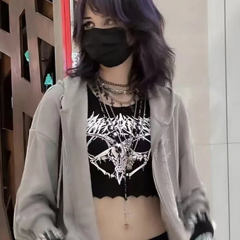 Gothic Knitted Punk Black Tank Tops Mall Goth Grunge Goat Print Harajuku Women Crop Tops Skinny Sleeveless Streetwear - UT KICK ASStop14:193;5:361386