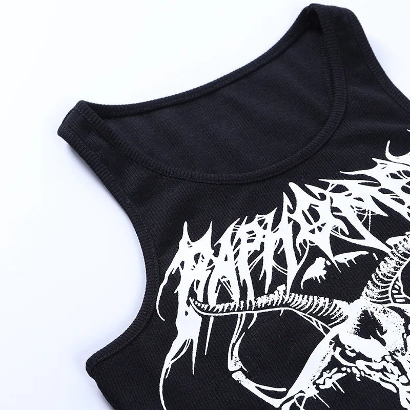 Gothic Knitted Punk Black Tank Tops Mall Goth Grunge Goat Print Harajuku Women Crop Tops Skinny Sleeveless Streetwear - UT KICK ASStop14:193;5:361386